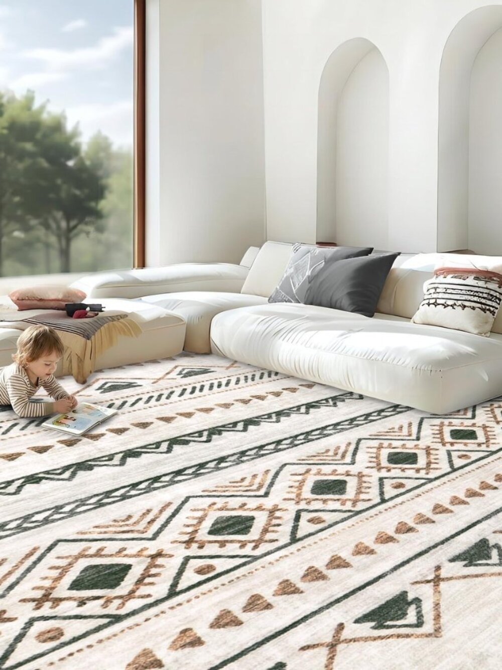 Area Rug Living Room Rugs 8x10 - Large Soft Boho Geometric Rug, Non-Slip